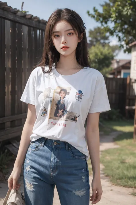 masterpiece,best quality,ultra high res,realistic skin,cowboy shot,
a 20 yo girl,white T-shirt,outdoors,summer