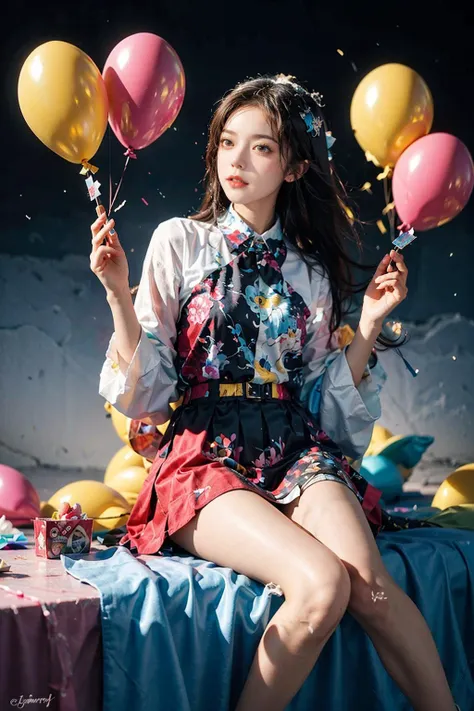 A girl sitting on a giant ice cream,which is adorned with vibrant colors,delightful frosting,and rainbow sprinkles. She holds an oversized waffle cone,shimmering candies,Floating around her are some small balloons,each tied to a petite candy. The scene is filled with sweetness and joy,showcasing the girl's happiness and the enchanting fusion of her imagination and a fantastical world,fantasy,high contrast,ink strokes,explosions,over exposure,purple and red tone impression,abstract,((watercolor painting by John Berkey and Jeremy Mann )) brush strokes,negative space,blue sky,Rainbow,