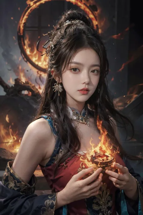 Best quality,masterpiece,ultra high res,cowboy shot,
1girl,sexy,chinese kung_fu gestures,
long hair,beautiful_face,detailed skin,red chinese clothes,sleeveless clothin,detailed clothes,elaborate embroidery,
yuhuoshu,jewelry,earrings,(fire:1.3),
,<lora:御火-000006:0.8>,(Giant Flame Circle:1.2),(Full of flame energy:1.2), <lora:zhongfenghuaxiyou:0.5> <lora:add_detail:1>