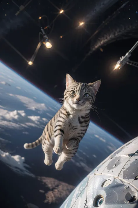 ((masterpiece)),(best quality),ultra high res,(raw photo:1.2),(photorealistic:1.4),Exceptional detail,dramatic lighting,highres,8k,absurdres,1cat,Chartreux,space helmet,astronaut,universe,night sky,aliens,alien space ship,spaceship light on cat,animal focus,animal,no humans,realistic,looking at viewer,Jumping from above,