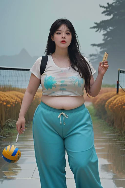 summer,sweat,beach, art by John William Waterhouse, photo of a fall reeds, Labyrinthine Tactile obese Roman 1girl, Playing Volleyball, wearing Turquoise Rain pants, Illuminated Fort in background, Eclectic flora, Sunny, Neo-Expressionism, Reflected light, film grain, Kodak gold 200, telephoto lens, two colors, Best quality, Highres