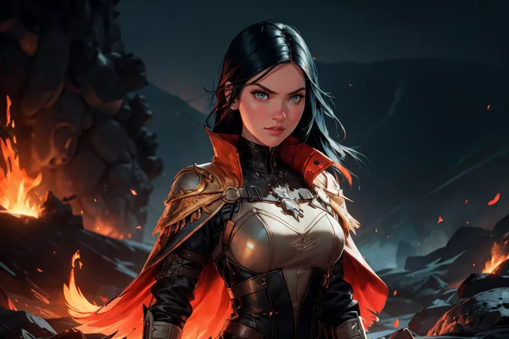 1girl,blushed face,close up photo of DEN_magnum_SG,medium breast,detailed eyes,beautiful eyes,((looking to viewer)),detailed background,<lora:Mild detail adjusterV10_4:1>, woman in fantasy medieval nature, phoenix feather cloak, red and gold bodice, high flame-like spikes hairstyle, bright orange hair color, golden armbands, fiery orb in hand, volcanic landscape, standing on a lava flow, ember eye color, fierce face expression, plumes of smoke and molten rivers in background, (best quality:1.1),(masterpiece:1.4), (absurdres:1.0),ultra high res,8K,(cinematic light:1.1),(intricate details, hyperdetailed:1.15),(volumetric lighting:1.2),bright colors,(HDR:1),