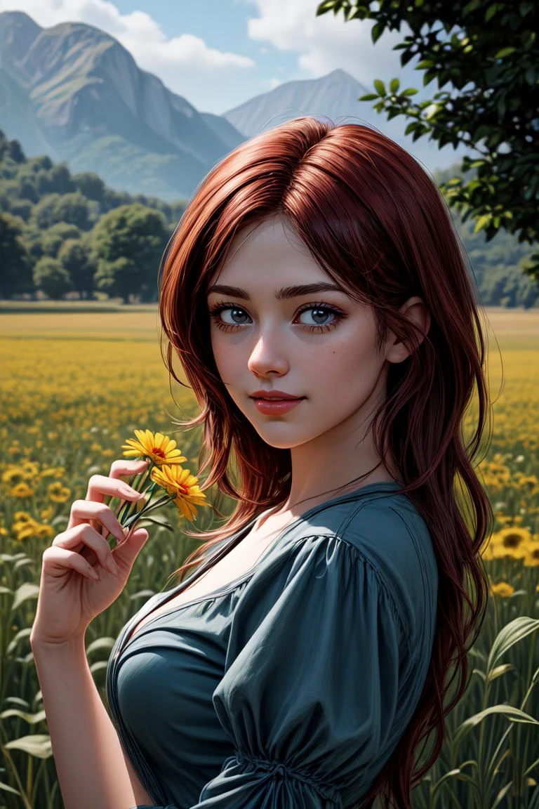 breathtaking 1girl in a dress picking flowers in a field, redhead, smiling, skin texture, skin blemishes, highly detailed, digital painting, artstation, concept art, smooth, sharp focus, illustration, unreal engine 5, 8 k, art by artgerm and greg rutkowski and edgar maxence and alphonse mucha, <lora:hyperdetailer_v095:0.6> <lora:Mild detail adjusterV10:0.5> <lora:epi_noiseoffset2:0.4>, masterpiece, award-winning, professional, highly detailed, <lora:lcm-lora-sdv1-5:0.7>