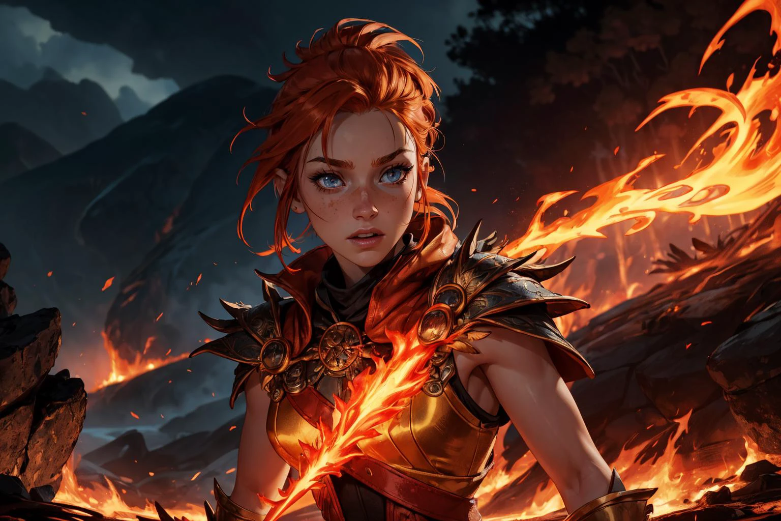 1girl,blushed face,close up photo of S102_MadiCollins,medium breast,detailed eyes,beautiful eyes,((looking to viewer)),detailed background,<lora:Mild detail adjusterV10_4:1>, woman in fantasy medieval nature, phoenix feather cloak, red and gold bodice, high flame-like spikes hairstyle, bright orange hair color, golden armbands, fiery orb in hand, volcanic landscape, standing on a lava flow, ember eye color, fierce face expression, plumes of smoke and molten rivers in background, (best quality:1.1),(masterpiece:1.4), (absurdres:1.0),ultra high res,8K,(cinematic light:1.1),(intricate details, hyperdetailed:1.15),(volumetric lighting:1.2),bright colors,(HDR:1),