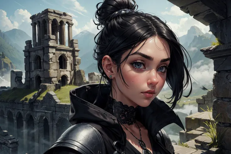 1girl,blushed face,close up photo of Koh_SashaGreyV2,medium breast,detailed eyes,beautiful eyes,((looking to viewer)),detailed background,<lora:Mild detail adjusterV10_4:1>,woman in fantasy medieval nature, cloak of raven feathers, sleek and dark, high twisted bun hairstyle, glossy black hair color, onyx pendant, accompanied by a raven familiar, atop a misty mountain peak, commanding pose, piercing silver eye color, enigmatic face expression, ancient ruins and swirling mists in background, (best quality:1.1),(masterpiece:1.4), (absurdres:1.0),ultra high res,8K,(cinematic light:1.1),(intricate details, hyperdetailed:1.15),(volumetric lighting:1.2),bright colors,(HDR:1),