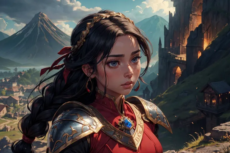 1girl,blushed face,close up photo of EPCh344ndr34,medium breast,detailed eyes,beautiful eyes,((looking to viewer)),detailed background,<lora:Mild detail adjusterV10_4:1>, woman in fantasy medieval nature, enchanted armor with dragon scale details, crimson and gold, warrior braid hairstyle, raven black hair color, ruby encrusted sword, dragon wing shoulder pauldrons, atop a cliff, overlooking a dragon's lair, fierce pose, steel gray eye color, intense face expression, smoldering volcanoes and flying dragons in background, (best quality:1.1),(masterpiece:1.4), (absurdres:1.0),ultra high res,8K,(cinematic light:1.1),(intricate details, hyperdetailed:1.15),(volumetric lighting:1.2),bright colors,(HDR:1),