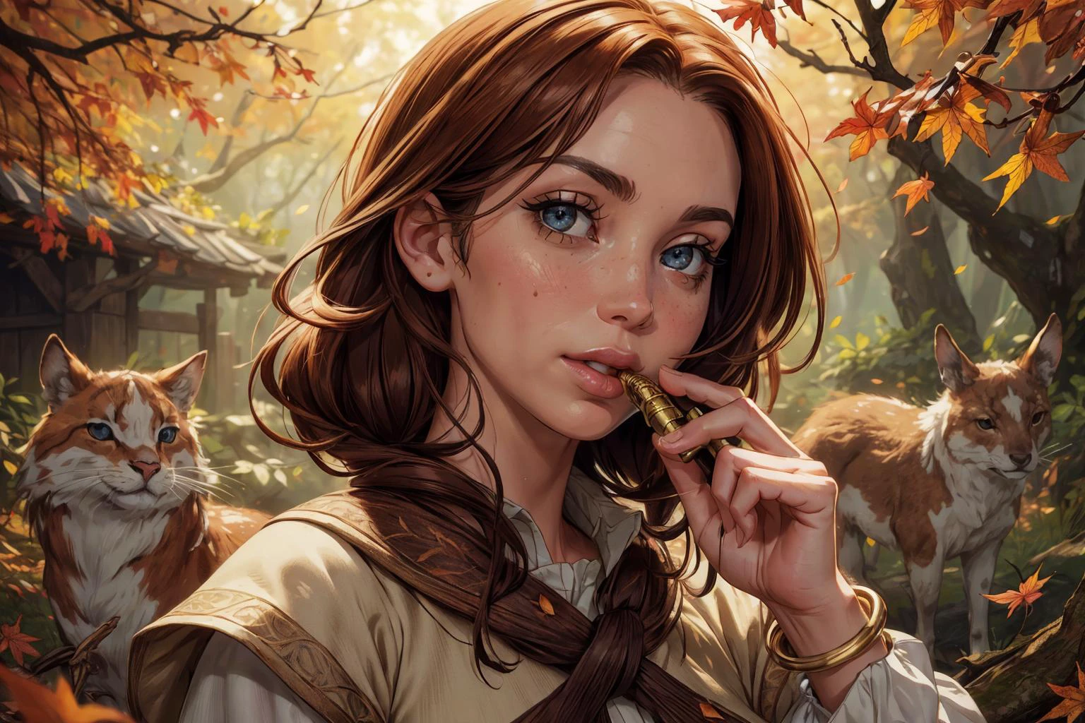 1girl,blushed face,close up photo of n1kk1b3nz,medium breast,detailed eyes,beautiful eyes,((looking to viewer)),detailed background,<lora:Mild detail adjusterV10_4:1>, woman in fantasy medieval nature, garment of autumn leaves, vibrant and rustling, twisted vine hairstyle, auburn hair color, bracelet of acorns, holding a carved wooden flute, deep forest clearing, playing music, hazel eye color, joyful face expression, animals gathering and autumn leaves swirling in background, (best quality:1.1),(masterpiece:1.4), (absurdres:1.0),ultra high res,8K,(cinematic light:1.1),(intricate details, hyperdetailed:1.15),(volumetric lighting:1.2),bright colors,(HDR:1),