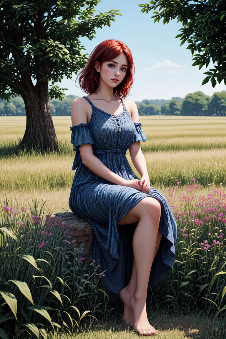 breathtaking 1girl in a dress picking flowers in a field, redhead, smiling, skin texture, skin blemishes, barefoot, highly detailed, digital painting, artstation, concept art, smooth, sharp focus, illustration, unreal engine 5, 8k, art by artgerm and greg rutkowski and edgar maxence and alphonse mucha, <lora:hyperdetailer_v095:0.6> <lora:Mild detail adjusterV10:0.5> <lora:epi_noiseoffset2:0.4> <lora:hinaMaybeBetterPose_v1:1>, masterpiece, award-winning, professional, highly detailed, <lora:lcm-lora-sdv1-5:0.7>