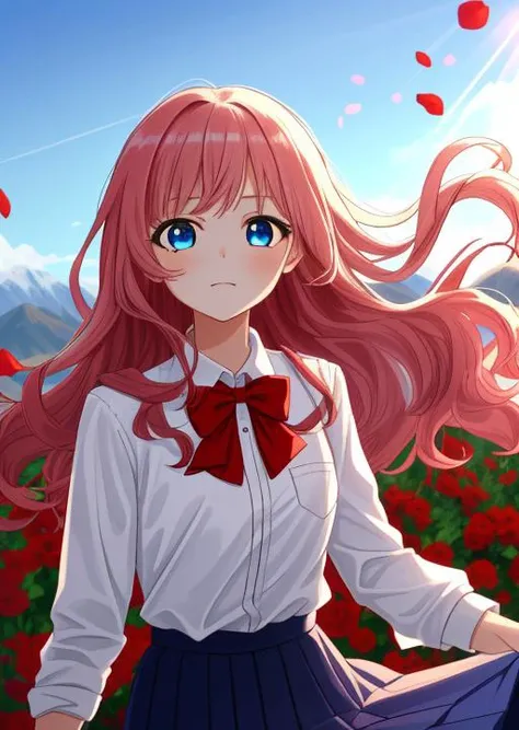 girl, cute face, long wavy pink hair, blue eye, long deep blue skirt, red bowtie
clear blue sky, mountains at far, floating petals, red flowers, dramatic sunlight, <lora:Mild detail adjusterV10_4:0.5>