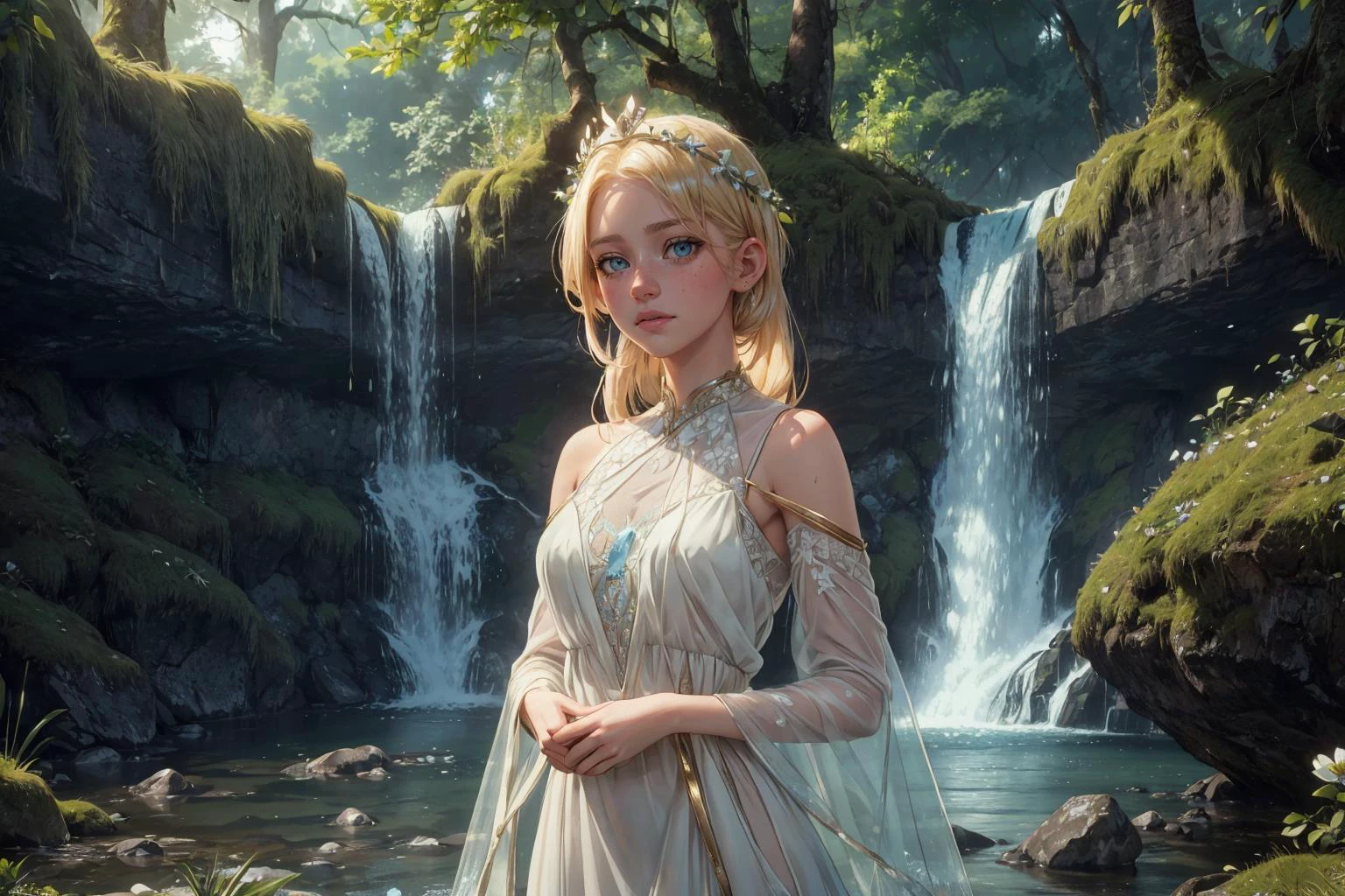 1girl,blushed face,close up photo of YarynaKostyuk,medium breast,detailed eyes,beautiful eyes,((looking to viewer)),detailed background,<lora:Mild detail adjusterV10_4:1>, woman in fantasy medieval nature, elegant white gown, sheer sleeves, half up half down hairstyle, golden blonde hair color, flower crown, silver armlet, near a waterfall, standing on moss-covered rocks, blue eye color, tranquil face expression, cascading water and rainbow in background, (best quality:1.1),(masterpiece:1.4), (absurdres:1.0),ultra high res,8K,(cinematic light:1.1),(intricate details, hyperdetailed:1.15),(volumetric lighting:1.2),bright colors,(HDR:1),