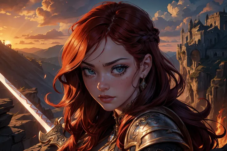 1girl,blushed face,close up photo of DEN_maud_SG,medium breast,detailed eyes,beautiful eyes,((looking to viewer)),detailed background,<lora:Mild detail adjusterV10_4:1>, woman in fantasy medieval nature, enchanted armor with dragon scale details, crimson and gold, warrior braid hairstyle, raven black hair color, ruby encrusted sword, dragon wing shoulder pauldrons, atop a cliff, overlooking a dragon's lair, fierce pose, steel gray eye color, intense face expression, smoldering volcanoes and flying dragons in background, (best quality:1.1),(masterpiece:1.4), (absurdres:1.0),ultra high res,8K,(cinematic light:1.1),(intricate details, hyperdetailed:1.15),(volumetric lighting:1.2),bright colors,(HDR:1),