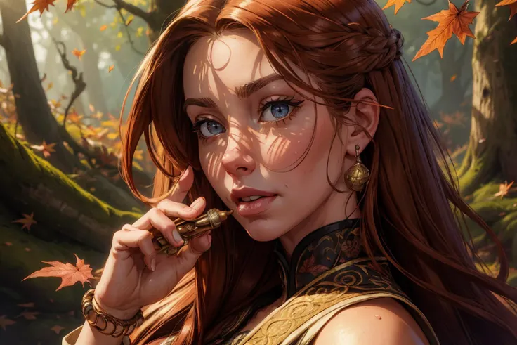 1girl,blushed face,close up photo of nicani,medium breast,detailed eyes,beautiful eyes,((looking to viewer)),detailed background,<lora:Mild detail adjusterV10_4:1>, woman in fantasy medieval nature, garment of autumn leaves, vibrant and rustling, twisted vine hairstyle, auburn hair color, bracelet of acorns, holding a carved wooden flute, deep forest clearing, playing music, hazel eye color, joyful face expression, animals gathering and autumn leaves swirling in background, (best quality:1.1),(masterpiece:1.4), (absurdres:1.0),ultra high res,8K,(cinematic light:1.1),(intricate details, hyperdetailed:1.15),(volumetric lighting:1.2),bright colors,(HDR:1),