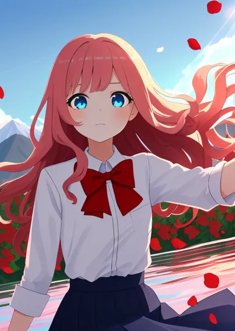 girl, cute face, long wavy pink hair, blue eye, long deep blue skirt, red bowtie
clear blue sky, mountains at far, floating petals, red flowers, dramatic sunlight, <lora:Mild detail adjusterV10_4:-1>