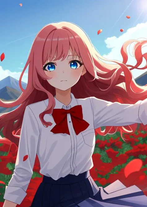 girl, cute face, long wavy pink hair, blue eye, long deep blue skirt, red bowtie
clear blue sky, mountains at far, floating petals, red flowers, dramatic sunlight, <lora:Mild detail adjusterV10_4:-0.5>