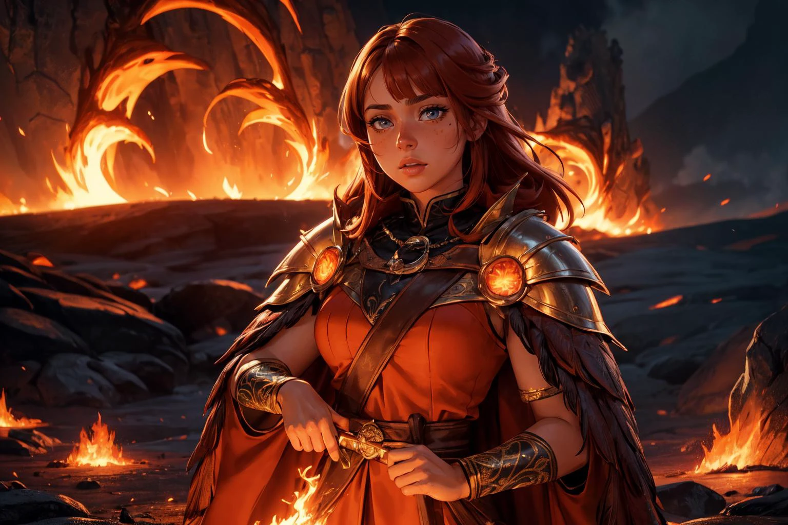 1girl,blushed face,close up photo of s0phierain-120,medium breast,detailed eyes,beautiful eyes,((looking to viewer)),detailed background,<lora:Mild detail adjusterV10_4:1>, woman in fantasy medieval nature, phoenix feather cloak, red and gold bodice, high flame-like spikes hairstyle, bright orange hair color, golden armbands, fiery orb in hand, volcanic landscape, standing on a lava flow, ember eye color, fierce face expression, plumes of smoke and molten rivers in background, (best quality:1.1),(masterpiece:1.4), (absurdres:1.0),ultra high res,8K,(cinematic light:1.1),(intricate details, hyperdetailed:1.15),(volumetric lighting:1.2),bright colors,(HDR:1),