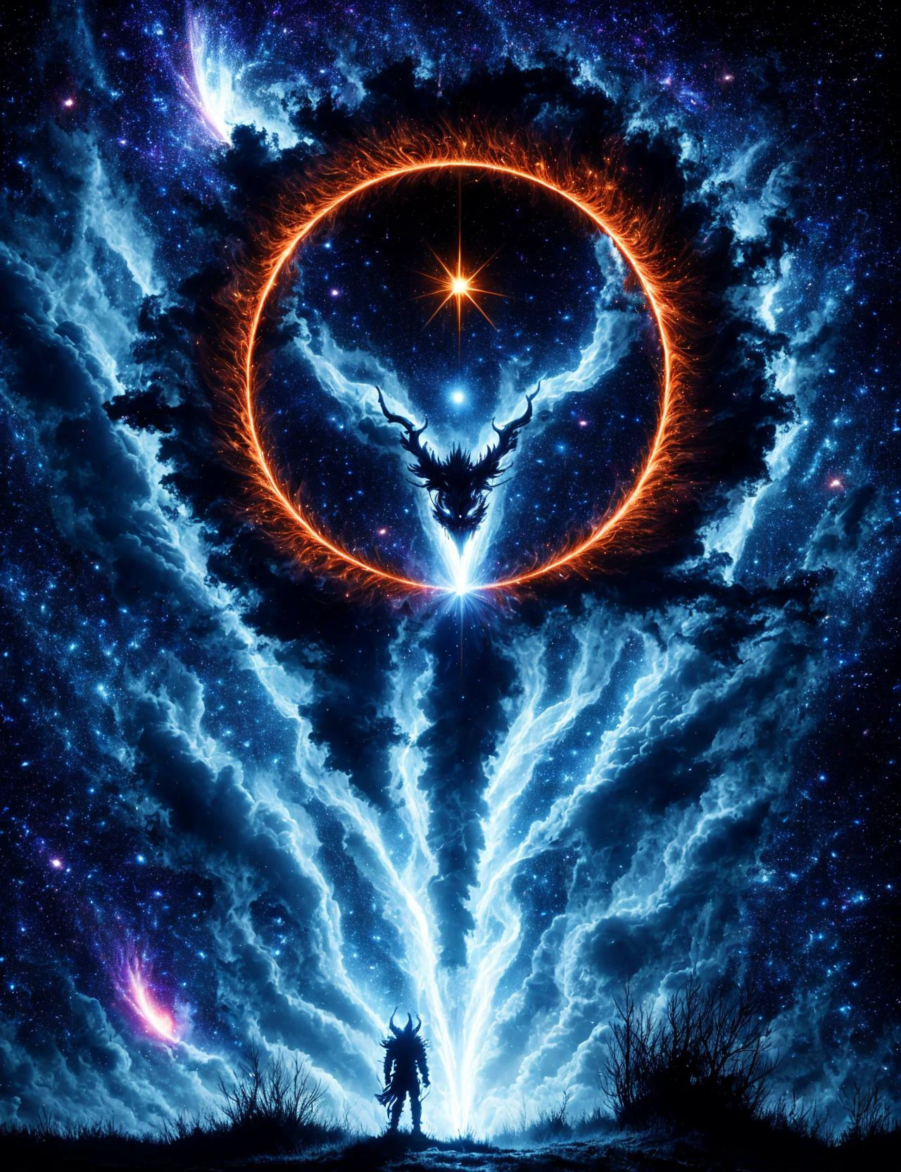 masterpiece, awesome quality, hyper detailed, DonMN1gh7d3m0n night demon celestial energy, astral, blueshift, solar flare, <lora:DonMN1gh7d3m0n-000006:1>