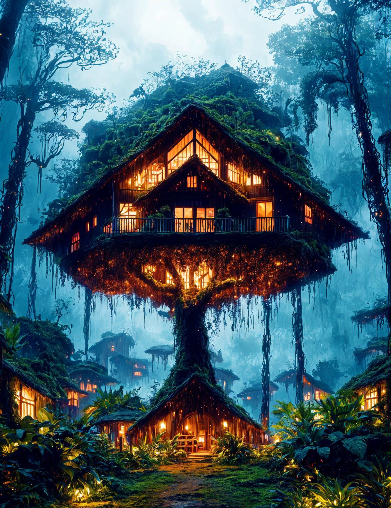 masterpiece, awesome quality, hyper detailed, DonMN1gh7d3m0n night demon village dwelling in tropical rainforest biome, <lora:DonMN1gh7d3m0n-000006:1>