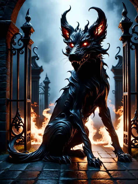 cinematic film still <lora:DonMN1gh7D3m0nXL-v1.1:0.9>,donmn1gh7d3m0nxl,Horror-themed realistic photo of a devil dog guarding the gates to hell,, Ultra-HD-details, true to life, HDR image,High detail resolution,soft eyes,natural skin,high detailed face,high detailed cloth,film photography,vintage,cinematic lighting,realistic,sharp focus,(very detailed),((4K HQ)),depth of field,f/1.2,Leica,8K HDR,High contrast,shadows, bokeh,(detailed and realistic skin texture),(detailed clothing),(detailed background),detailed skin,(highly detailed skin),(8K HDR photo),realistic texture,realistic shadows,accurate to life,living image,lifelike . shallow depth of field, vignette, highly detailed, high budget, bokeh, cinemascope, moody, epic, gorgeous, film grain, grainy