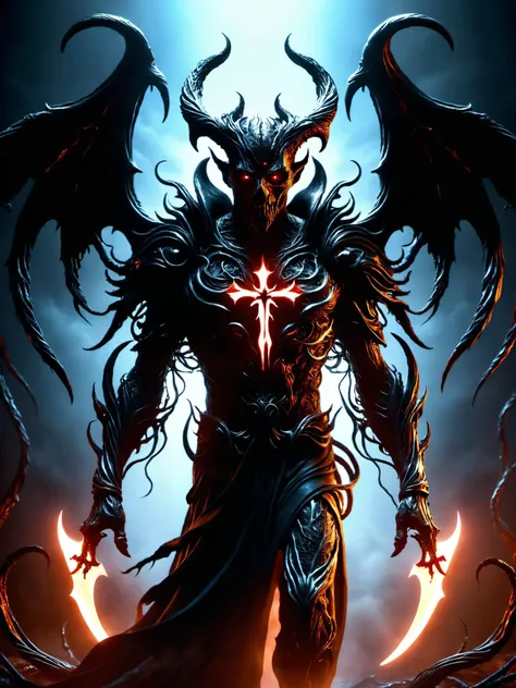 cinematic film still <lora:DonMN1gh7D3m0nXL-v1.1:0.9>,donmn1gh7d3m0nxl,Horror-themed realistic photo of a evil demon with rotting angel wings and holding a scythe,glowing red upside down cross on chest piece,unreal engine 5 quality render cinematic lighting 8k resolution concept art by giger trending on cgsociety,dramatic light,hdr,vivid color scheme,cyberpunk,neon noir style,sci-fi atmosphere,hyper realism,octane,god rays,volumetric,golden ratio,cool 4d,, Ultra-HD-details, glow effects, godrays, Hand drawn, render, 8k, octane render, cinema 4d, blender, dark, atmospheric 4k ultra detailed, cinematic, Sharp focus, big depth of field, Masterpiece, colors, 3d octane render, 4k, concept art, trending on artstation, hyperrealistic, Vivid colors, extremely detailed CG unity 8k wallpaper, trending on CGSociety, Intricate, High Detail, dramatic . shallow depth of field, vignette, highly detailed, high budget, bokeh, cinemascope, moody, epic, gorgeous, film grain, grainy
