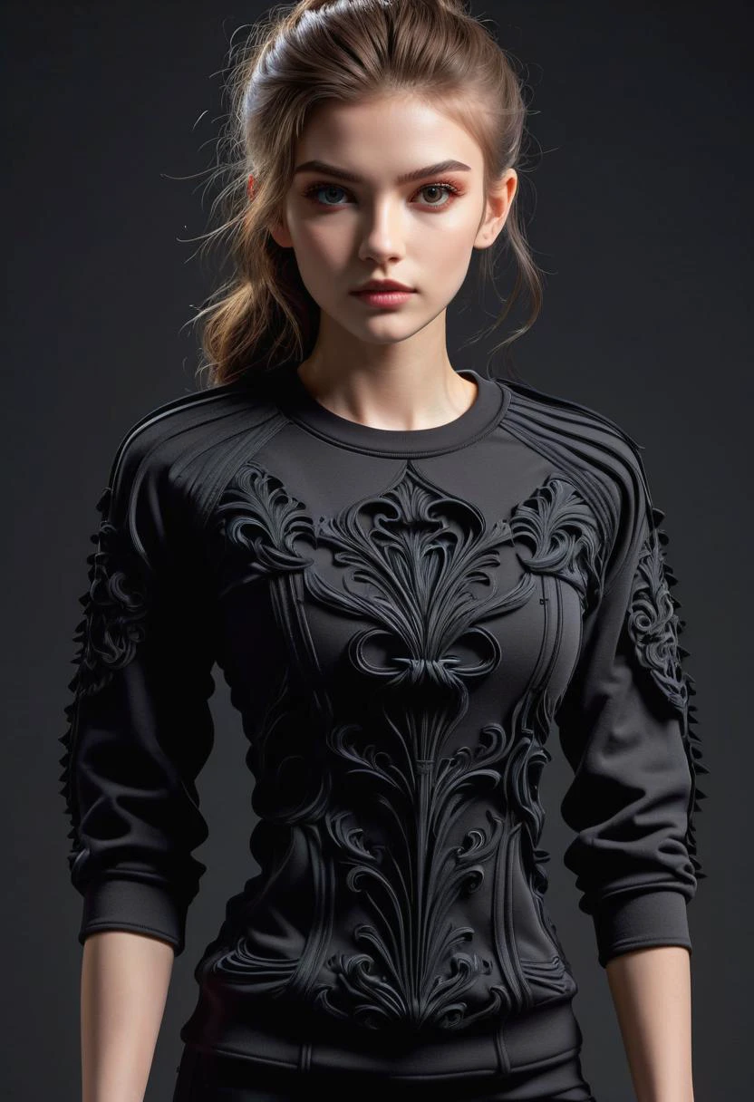 hyper detailed masterpiece, dynamic, awesome quality, DonMN1gh7D3m0nXL tight upper body clothing, crew neck, piqué, cut pile, mithril, raglan sleeves, mini length, empire waist, illusion back,,pockets,,closure type,,front pockets,,ribbons,,enzyme wash, made of darkness <lora:DonMN1gh7D3m0nXL-v1.1-000008:1>