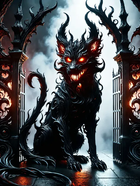 professional 3d model <lora:DonMN1gh7D3m0nXL-v1.1:0.9>,donmn1gh7d3m0nxl,Horror-themed realistic photo of a devil dog guarding the gates to hell,, Ultra-HD-details, glow effects, godrays, Hand drawn, render, 8k, octane render, cinema 4d, blender, dark, atmospheric 4k ultra detailed, cinematic, Sharp focus, big depth of field, Masterpiece, colors, 3d octane render, 4k, concept art, trending on artstation, hyperrealistic, Vivid colors, extremely detailed CG unity 8k wallpaper, trending on CGSociety, Intricate, High Detail, dramatic . octane render, highly detailed, volumetric, dramatic lighting