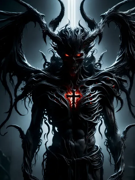 <lora:DonMN1gh7D3m0nXL-v1.1:0.9>,donmn1gh7d3m0nxl,Horror-themed realistic photo of a evil demon with rotting angel wings and holding a scythe,glowing red upside down cross on chest piece,unreal engine 5 quality render cinematic lighting 8k resolution concept art by giger trending on cgsociety,dramatic light,hdr,vivid color scheme,cyberpunk,neon noir style,sci-fi atmosphere,hyper realism,octane,god rays,volumetric,golden ratio,cool 4d,, Ultra-HD-details