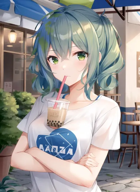 ((best quality)), ((highly detailed)), masterpiece, (detailed eyes, deep eyes), (1girl), upper body, <lora:concept_bubbleteachallenge:1>, bubble tea challenge, drinking straw, crossed arms, smug, <lora:earthChan_v1:1>, earth-chan, green eyes, multicolored hair, blue and green hair, short hair, medium breasts, t-shirt, outside, at a caf