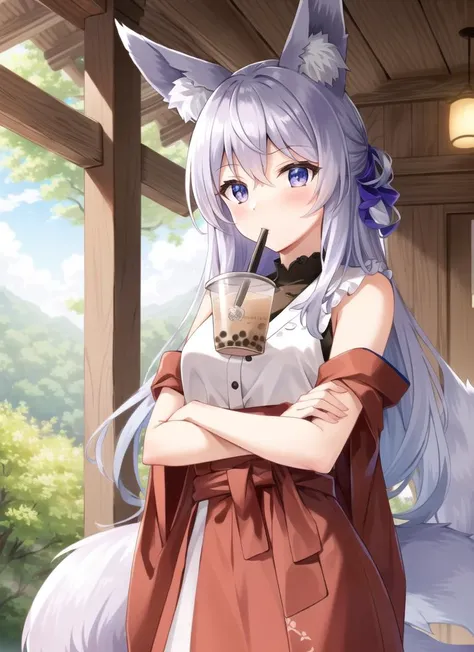 ((best quality)), ((highly detailed)), masterpiece, extremely detailed face, beautiful face, (detailed eyes, deep eyes), (1girl), cowboy shot, <lora:concept_bubbleteachallenge:1>, bubble tea challenge, drinking straw, crossed arms, smug, fox girl, fox ears, multiple_tails, fox tail, (Lavender blush) hair, shrine maiden, inside, in a caf
