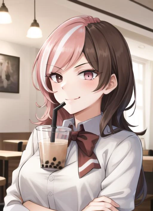 ((best quality)), ((highly detailed)), masterpiece, detailed face, beautiful face, (detailed eyes, deep eyes), (1girl), upper body, <lora:concept_bubbleteachallenge:1>, bubble tea challenge, drinking straw, crossed arms, smug look, <lora:neoPolitanRWBYLora_v1:.8>, NeoRWBY, heterochromia, brown eyes, pink eyes, multicolored hair, brown hair, pink hair, short hair, smug, smirk, inside, in a caf