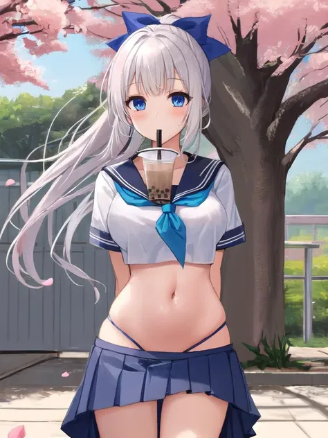 1girl, arm behind back, blue eyes, blue neckerchief, blue skirt, blunt bangs, breasts, bubble tea, bubble tea challenge, cherry blossoms, clothes pull, crop top, crop top overhang, drinking straw, falling petals, hair ribbon, high ponytail, long hair, large breasts, navel, neckerchief, petals, pleated skirt, ponytail, pulled by self, raised eyebrows, ribbon, sailor collar, school uniform, serafuku, short sleeves, sidelocks, skirt, skirt pull, solo, straw, stomach, thighs, tress ribbon, white hair, <lora:concept_bubbleteachallenge:1>, nsfw,