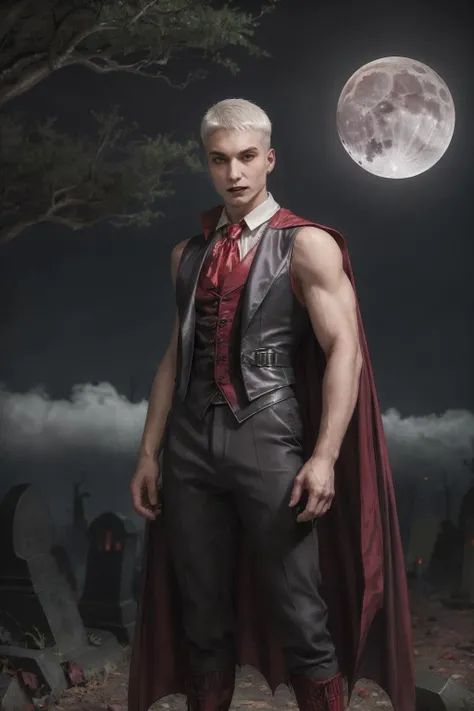 dynamic pose, male, olafperson <lora:olaf_epoch_4:0.8>, <lora:VampireWorld:0.8> VampireWorld, wearing a cape, dressed as a vampire count, sleeveless, vest, waistcoat, fog, graveyard, moonlight, trees, nighttime