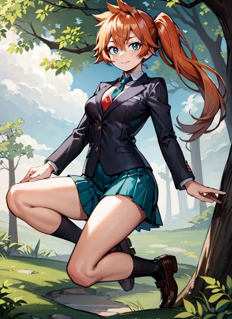 ((best quality)), ((highly detailed)), absurdres, (detailed eyes, deep eyes), (1girl), dynamic pose, full body, wide shot, <lora:ItsukaHS1-Moka19:.8>, ItsukaHS1, orange hair, long hair, bangs, hair between eyes, side ponytail, teal eyes, medium breasts, smiling, (white shirt), collared shirt, red necktie, grey jacket, blazer, long sleeves, green skirt, black socks, school uniform, (outdoors, in a forest, forest canopy, noon, cloudy)