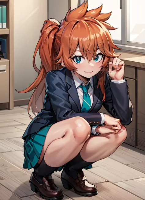 ((best quality)), ((highly detailed)), absurdres, (detailed eyes, deep eyes), (1girl), <lora:slim_tall-plump_short:1.25>, dynamic pose, full body, <lora:ItsukaHS1-Moka19:.8>, ItsukaHS1, orange hair, long hair, bangs, hair between eyes, side ponytail, teal eyes, medium breasts, smiling, white shirt, collared shirt, red necktie, grey jacket, blazer, long sleeves, green skirt, black socks, school uniform, (inside, at an office, desk)