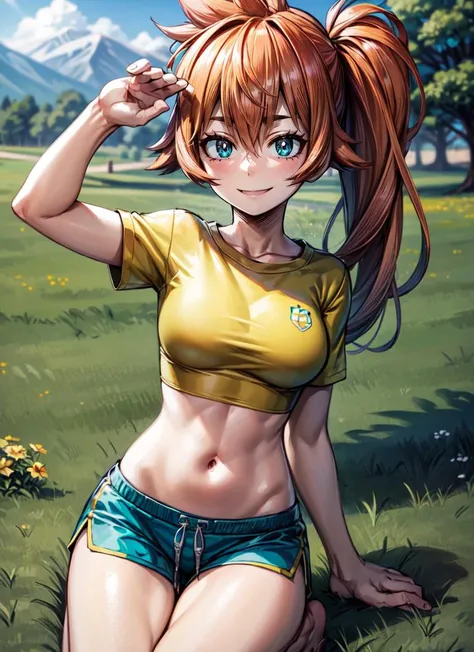 ((best quality)), ((highly detailed)), absurdres, detailed face, beautiful face, (detailed eyes, deep eyes), <lora:more_details:.6>, (1girl), dynamic pose, cowboy shot, wide shot, <lora:ItsukaHS1-Moka19:.8>, ItsukaHS1, orange hair, long hair, bangs, hair between eyes, side ponytail, teal eyes, medium breasts, smiling, crop top, ((yellow shirt)), short sleeves, blue gym shorts, barefoot, (outdoors, in a meadow, midday)