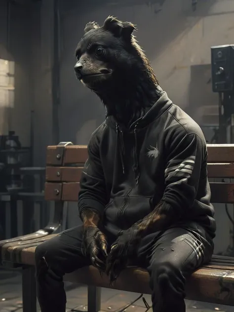 side-view, oil painting, close up shot depressed stnerfx raven wearing a tracksuit bench-pressing, facing the camera, in a studio, deep shadows, <lora:- SDXL - stnerfx _Stoned_Fox_Style_V4.0:1>