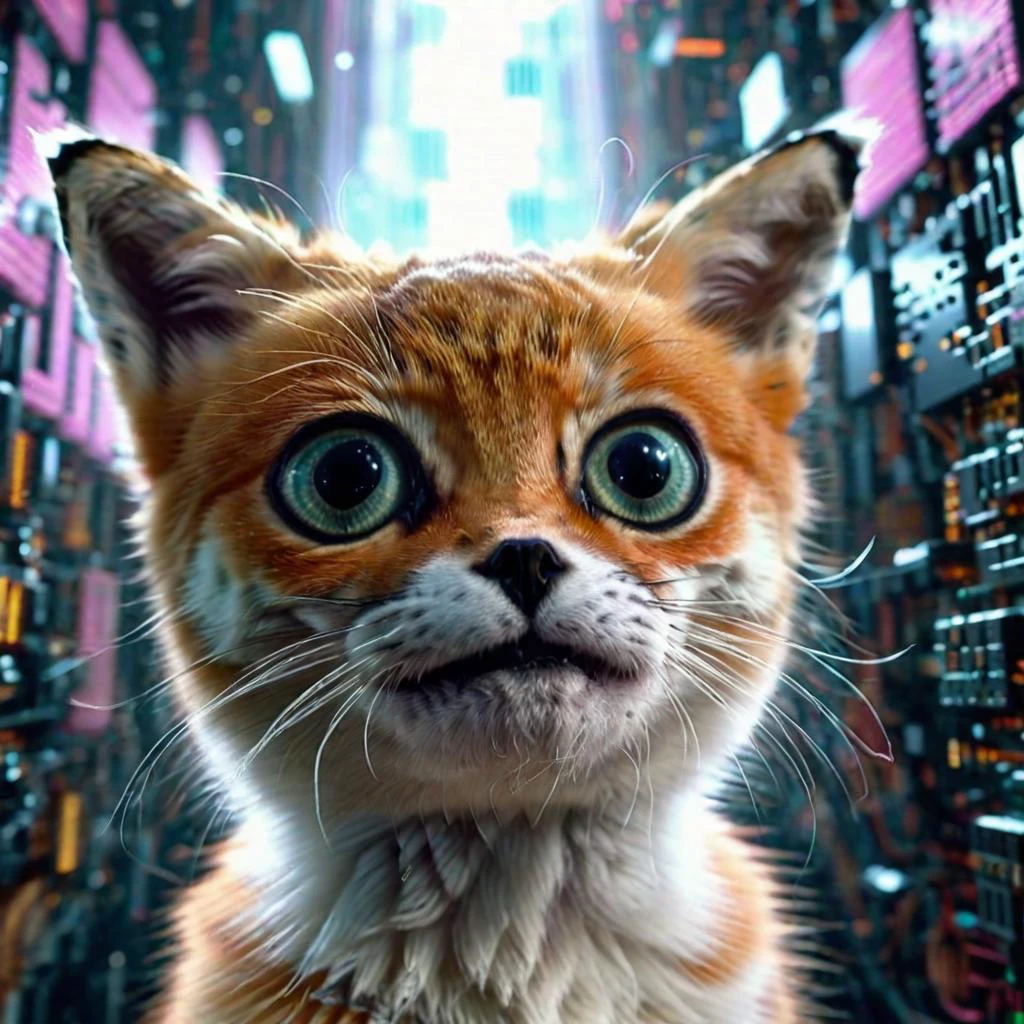 <lora:add-detail-xl:0.8> Double exposure close up image of AA cat playing game, wearing a VR Headset, looking up. Face merged into a matrix code waterfall, we see the double exposure break down on the face and numbers flowing like a waterfall backdropshimmering, fullbody, perfect eyes, perfect features, perfect hands, perfect body, 128k, 1080p, cinematic quality, cinematic lighting, voodoo, sinister, diabolical, testp, stunningly beautiful, maxim, hyper realistic details, lEICA SL2 50mm F 1.4 kit,mirrorless lens ( psychedelic lsd trip background 1.4), bright coloured fractals (Larry Carlson 1.3), , cinematic quality, cinematic lighting, voodoo, sinister,128k, hyper realistic, pastel colour palette,(mark ryden 1.3) <lora:bigeyes-xl-v1:0.8> big eyes, anime eyes <lora:Dark_Futuristic_Circuit_Boards:0.8> circuitboard, dark futuristic <lora:Larry Carlson Style:0.8> Larry Carlson Style page <lora:- SDXL - stnerfx _Stoned_Fox_V3.0:0.8> stnerfx , fox