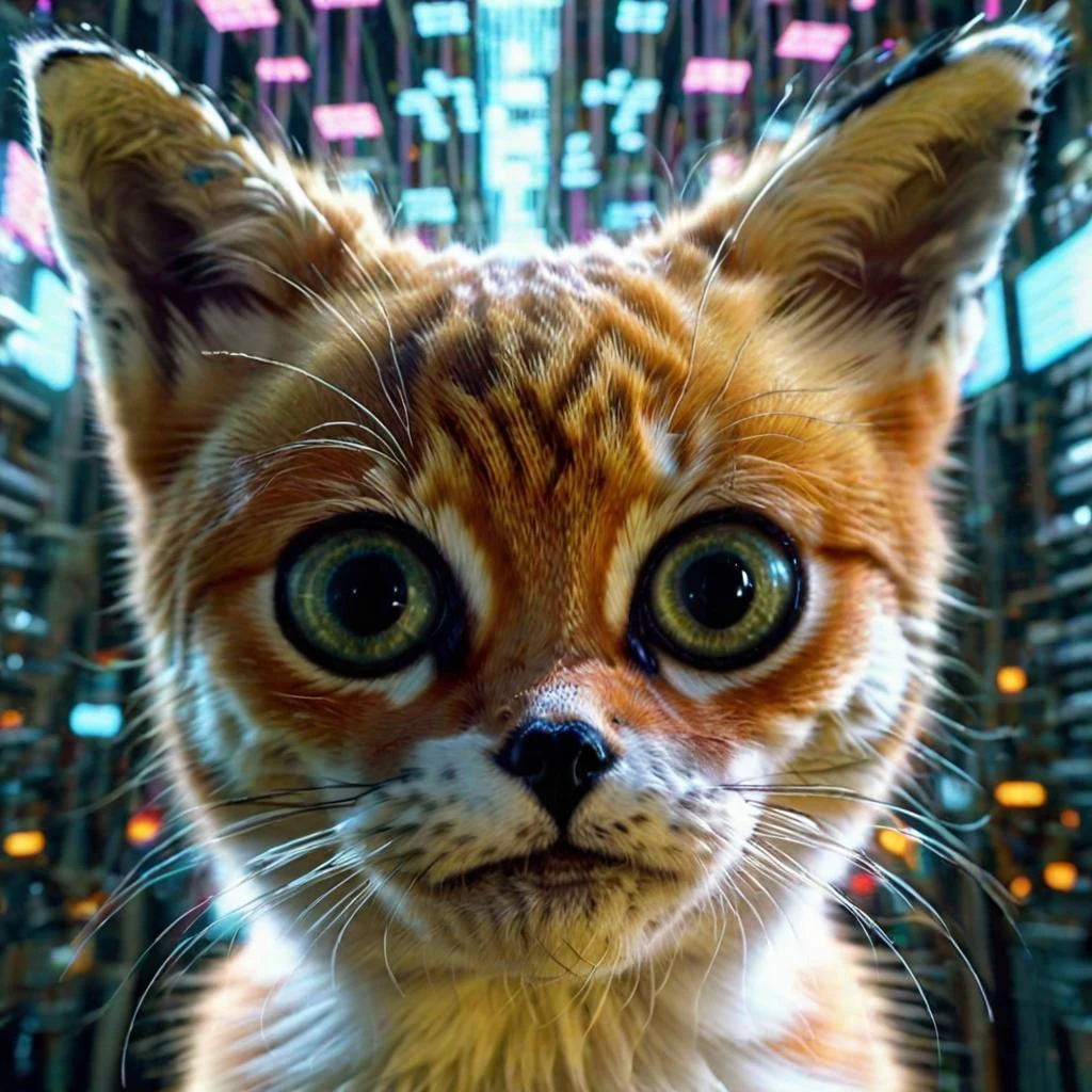 <lora:add-detail-xl:0.8> Double exposure close up image of AA cat playing game, wearing a VR Headset, looking up. Face merged into a matrix code waterfall, we see the double exposure break down on the face and numbers flowing like a waterfall backdropshimmering, fullbody, perfect eyes, perfect features, perfect hands, perfect body, 128k, 1080p, cinematic quality, cinematic lighting, voodoo, sinister, diabolical, testp, stunningly beautiful, maxim, hyper realistic details, lEICA SL2 50mm F 1.4 kit,mirrorless lens ( psychedelic lsd trip background 1.4), bright coloured fractals (Larry Carlson 1.3), , cinematic quality, cinematic lighting, voodoo, sinister,128k, hyper realistic, pastel colour palette,(mark ryden 1.3) <lora:bigeyes-xl-v1:0.8> big eyes, anime eyes <lora:Dark_Futuristic_Circuit_Boards:0.8> circuitboard, dark futuristic <lora:Larry Carlson Style:0.8> Larry Carlson Style page <lora:- SDXL - stnerfx _Stoned_Fox_V3.0:0.8> stnerfx , fox
