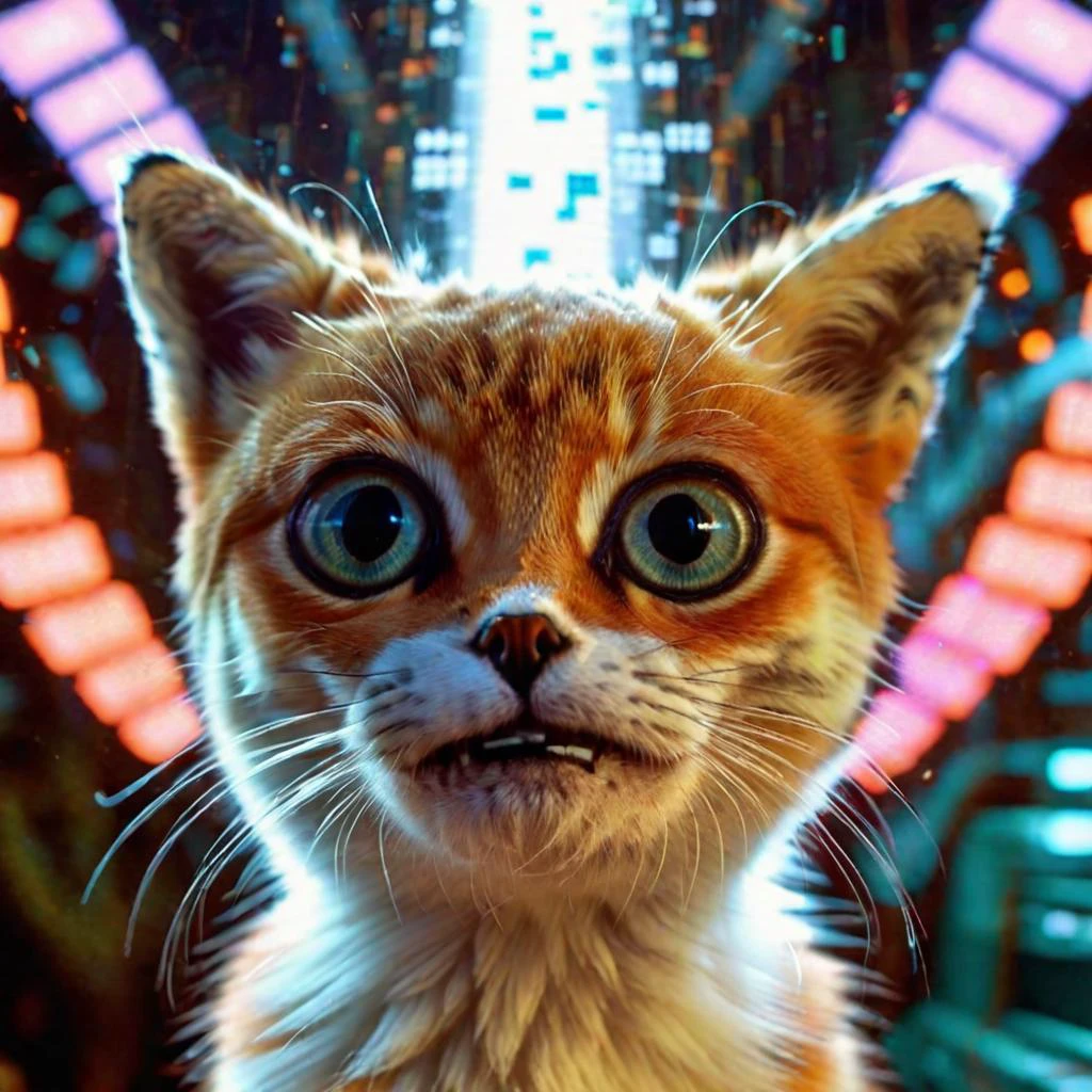 <lora:add-detail-xl:0.8> Double exposure close up image of AA cat playing game, wearing a VR Headset, looking up. Face merged into a matrix code waterfall, we see the double exposure break down on the face and numbers flowing like a waterfall backdropshimmering, fullbody, perfect eyes, perfect features, perfect hands, perfect body, 128k, 1080p, cinematic quality, cinematic lighting, voodoo, sinister, diabolical, testp, stunningly beautiful, maxim, hyper realistic details, lEICA SL2 50mm F 1.4 kit,mirrorless lens ( psychedelic lsd trip background 1.4), bright coloured fractals (Larry Carlson 1.3), , cinematic quality, cinematic lighting, voodoo, sinister,128k, hyper realistic, pastel colour palette,(mark ryden 1.3) <lora:bigeyes-xl-v1:0.8> big eyes, anime eyes <lora:Dark_Futuristic_Circuit_Boards:0.8> circuitboard, dark futuristic <lora:Larry Carlson Style:0.8> Larry Carlson Style page <lora:- SDXL - stnerfx _Stoned_Fox_V3.0:0.8> stnerfx , fox