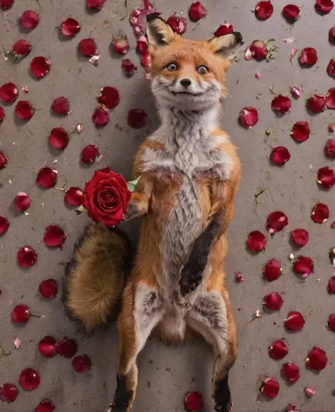 american beauty movie poster reenact by a fox, failing rose pedals, seductive, cinematic, perfect composition, looking sideways, low budget version, <lora:- SDXL - stnerfx _Stoned_Fox_Style_V4.0:0.7>