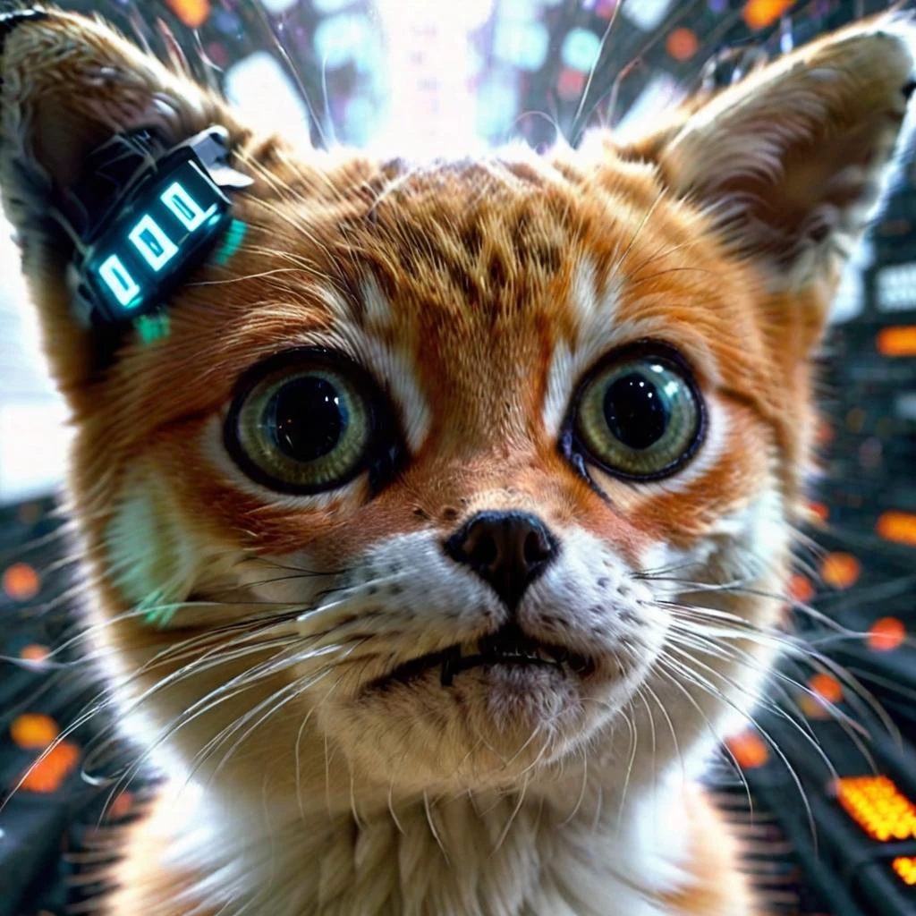 <lora:add-detail-xl:0.8> Double exposure close up image of AA cat playing game, wearing a VR Headset, looking up. Face merged into a matrix code waterfall, we see the double exposure break down on the face and numbers flowing like a waterfall backdropshimmering, fullbody, perfect eyes, perfect features, perfect hands, perfect body, 128k, 1080p, cinematic quality, cinematic lighting, voodoo, sinister, diabolical, testp, stunningly beautiful, maxim, hyper realistic details, lEICA SL2 50mm F 1.4 kit,mirrorless lens ( psychedelic lsd trip background 1.4), bright coloured fractals (Larry Carlson 1.3), , cinematic quality, cinematic lighting, voodoo, sinister,128k, hyper realistic, pastel colour palette,(mark ryden 1.3) <lora:bigeyes-xl-v1:0.8> big eyes, anime eyes <lora:Dark_Futuristic_Circuit_Boards:0.8> circuitboard, dark futuristic <lora:Larry Carlson Style:0.8> Larry Carlson Style page <lora:- SDXL - stnerfx _Stoned_Fox_V3.0:0.8> stnerfx , fox