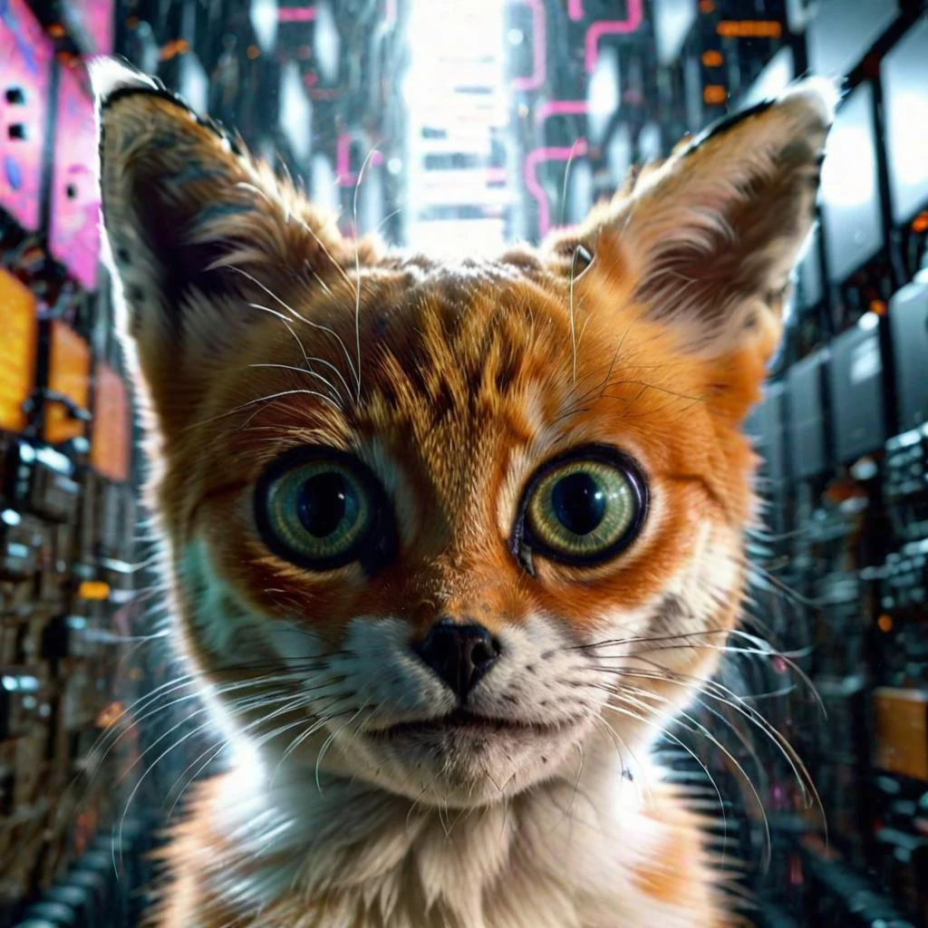 <lora:add-detail-xl:0.8> Double exposure close up image of AA cat playing game, wearing a VR Headset, looking up. Face merged into a matrix code waterfall, we see the double exposure break down on the face and numbers flowing like a waterfall backdropshimmering, fullbody, perfect eyes, perfect features, perfect hands, perfect body, 128k, 1080p, cinematic quality, cinematic lighting, voodoo, sinister, diabolical, testp, stunningly beautiful, maxim, hyper realistic details, lEICA SL2 50mm F 1.4 kit,mirrorless lens ( psychedelic lsd trip background 1.4), bright coloured fractals (Larry Carlson 1.3), , cinematic quality, cinematic lighting, voodoo, sinister,128k, hyper realistic, pastel colour palette,(mark ryden 1.3) <lora:bigeyes-xl-v1:0.8> big eyes, anime eyes <lora:Dark_Futuristic_Circuit_Boards:0.8> circuitboard, dark futuristic <lora:Larry Carlson Style:0.8> Larry Carlson Style page <lora:- SDXL - stnerfx _Stoned_Fox_V3.0:0.8> stnerfx , fox