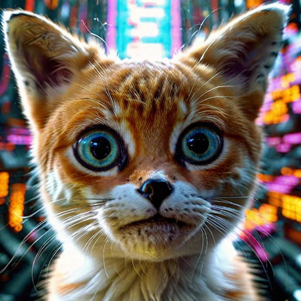 <lora:add-detail-xl:0.8> Double exposure close up image of AA cat playing game, wearing a VR Headset, looking up. Face merged into a matrix code waterfall, we see the double exposure break down on the face and numbers flowing like a waterfall backdropshimmering, fullbody, perfect eyes, perfect features, perfect hands, perfect body, 128k, 1080p, cinematic quality, cinematic lighting, voodoo, sinister, diabolical, testp, stunningly beautiful, maxim, hyper realistic details, lEICA SL2 50mm F 1.4 kit,mirrorless lens ( psychedelic lsd trip background 1.4), bright coloured fractals (Larry Carlson 1.3), , cinematic quality, cinematic lighting, voodoo, sinister,128k, hyper realistic, pastel colour palette,(mark ryden 1.3) <lora:bigeyes-xl-v1:0.8> big eyes, anime eyes <lora:Dark_Futuristic_Circuit_Boards:0.8> circuitboard, dark futuristic <lora:Larry Carlson Style:0.8> Larry Carlson Style page <lora:- SDXL - stnerfx _Stoned_Fox_V3.0:0.8> stnerfx , fox