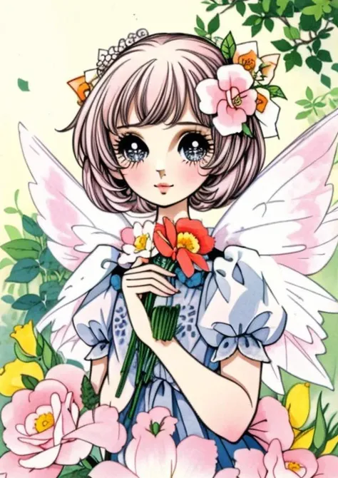 a girl with a flower in her hand and a butterfly on her shoulder