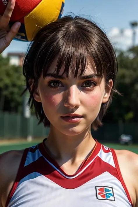 A stunning and intricate full color portrait in Ultra-HD, 22 year old girl, detailed face short brown hair, brown eyes, white volleyball uniform with red stripes, big breasts, epic character composition, alessio albi, nina masic, focus sharp, natural lighting, subsurface dispersion, f2, 35mm, <lora:Kaori:0.85>