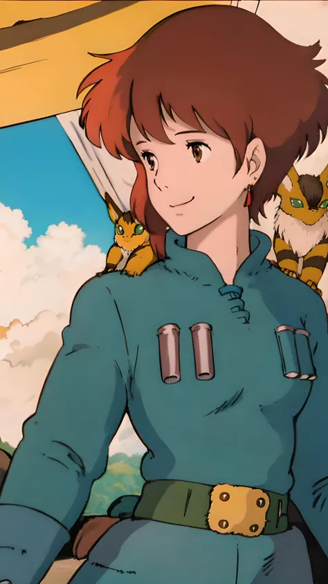 ghibli style, masterpiece, high quality, 1girl, (masterpiece:1.4), (best quality:1.4), (high resolution:1.4), 1girl, redhead, brown eyes, smile, Nausicaa, in a valley, colorful, medium breasts, upper body, top view, sfw, profiles, yellow little creature on shoulder, Teto, <lora:Nausicaa-000007:0.9>, <lora:80sv1:0.3>
