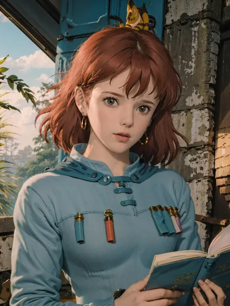 (masterpiece), best quality, 1girl, Nausicaa, red hair, wheat, ruins, reading a book, <lora:Nausicaa:0.9>, close up,
