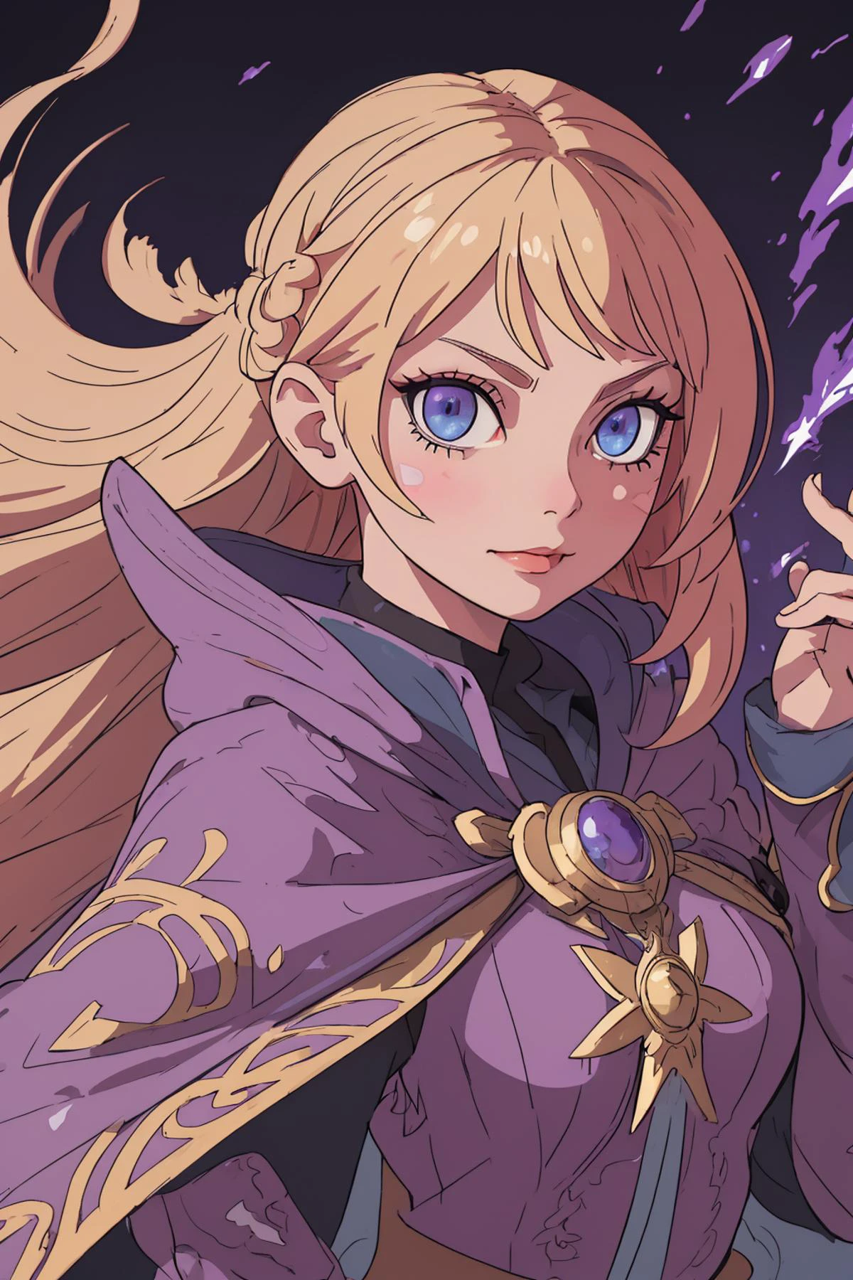masterpiece, high quality, 2d art, intricate details, strong outlines,
1 girl, adult ukrainian woman, blue eyes, natural blonde dutch braid,
portrait, solo, upper body, detailed background, detailed face, (renaissance theme:1.1), malicious smirk, (card-wizard:1.05), purple magician outfit, dynamic pose, (0.5::dice floating in the air:1.15), glowing magical symbols, dark red magic sparks in background, wind blowing, ethereal atmosphere,
