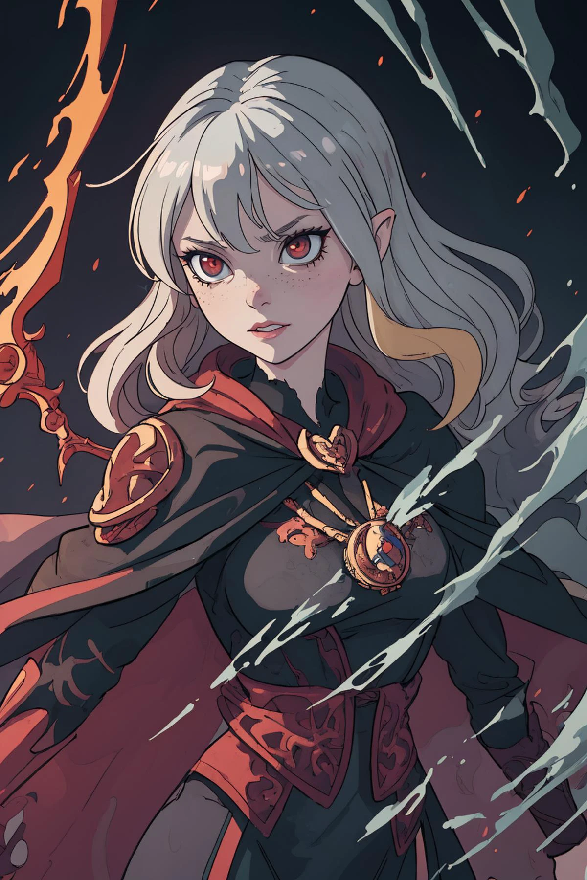 masterpiece, high quality, 2d art, intricate details, strong outlines,
1 girl, adult (elven:0.7) woman, freckles, silver eyes, medium blonde messy hair,
(style-swirlmagic:0.8), pale skin, portrait, (warhammer theme:1.1) looking at viewer, solo, half shot, dynamic pose, detailed background, madness in eyes, necromancer, evil to the core, red clouds, evil cape, cursed amulet, underworld, dark atmosphere,, bringer of the false light, spiders, spiderwebs, dark magic, dark clouds, pestilence, decadence, evil energy emanating, dark aura, broken chains, consuming darkness,