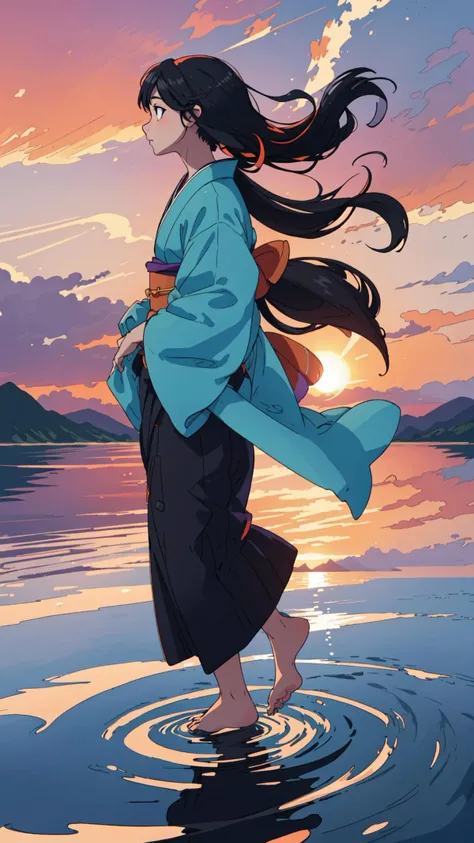 1girl, barefoot, beach, black hair, cloud, cloudy sky, condensation trail, dusk, evening, gradient sky, horizon, japanese clothes, kimono, lake, lens flare, long hair, long sleeves, mountain, mountainous horizon, ocean, orange sky, outdoors, power lines, profile, purple sky, red sky, reflection, ripples, river, scenery, shore, sky, solo, standing, standing on liquid, sun, sunlight, sunrise, sunset, twilight, wading, walking on liquid, water, waves, wind, yellow sky