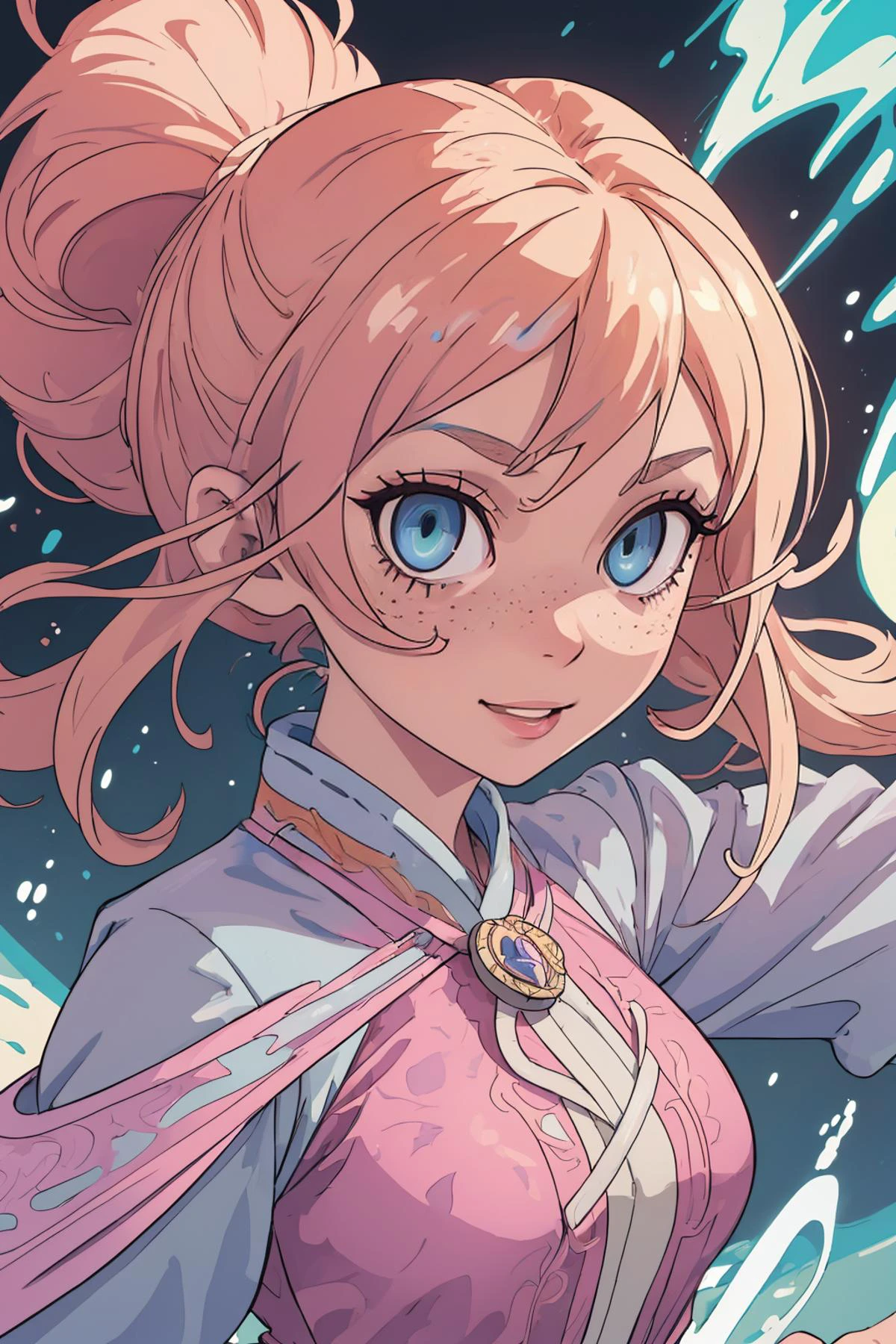 masterpiece, high quality, 2d art, intricate details, strong outlines,
1 girl, adult (elven:0.7) woman, freckles, light blue eyes, natural blonde twin drills hair,
(style-swirlmagic:0.8), portrait, solo, upper body, looking at viewer, detailed background, detailed face, (frontier western theme:1.1), sound-sorcerer, wearing pink robes, smile, rainbow colored flowing sound waves, 0.5::concetric soundwave distortions, harmonic nexus, radiating sound vibrations, dynamic pose, resonance amplification, sonic firestorm, audio visualisation, booming bass, sound bubble in background, bright green lights, epic atmosphere,